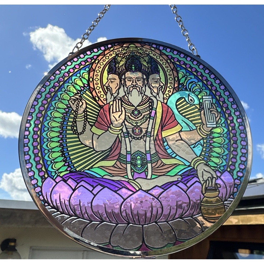 BRAHMA SUNCATCHER 6" Stained Glass Look Hindu Creator God Peacock New With‎ Box